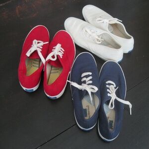 Three pairs of comfortable Keds sneakers, red, white & blue, Sz 6
